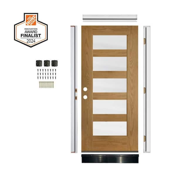 DIY RTA KIT 36in.x80in. Modern 5-Lite Frosted Glass Right-Hand Bourbon Stain Fiberglass Ready To Assemble Front Door