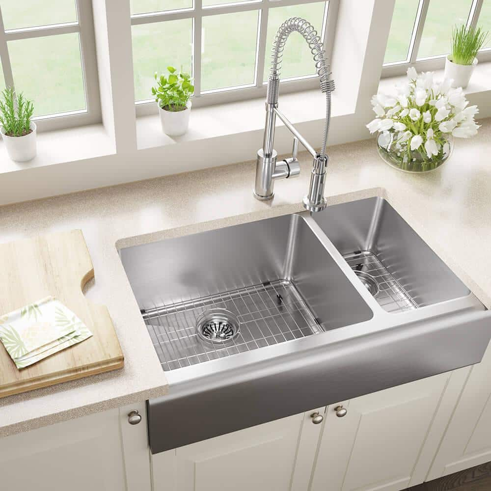 Mr Direct Stainless Steel 32 3 4 In 70 30 Double Bowl Farmhouse Apron Front Kitchen Sink 407l 18 The Home Depot