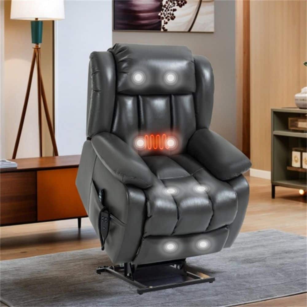 Grey Genuine Leather Power Lift Recliner Chair Dual Motor Recliner with 8-Point Vibration Massage, Lumbar Heating - Thumbnail 2