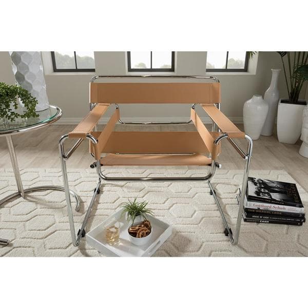 Mid-Century Tan Leather and Chrome Metal Accent Chair