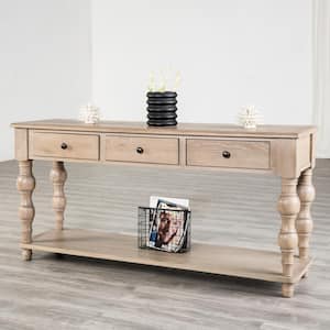 Carrin 64 in. Farmhouse Legs Rectangle Light Washed White Wood Sofa Console Table with 3-Drawers