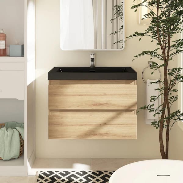 Boosicavelly 30 in. W x 19.5 in. D x 22.5 in. H Single Sink Wall-Mounted Bath Vanity in Oak with Black Resin Top