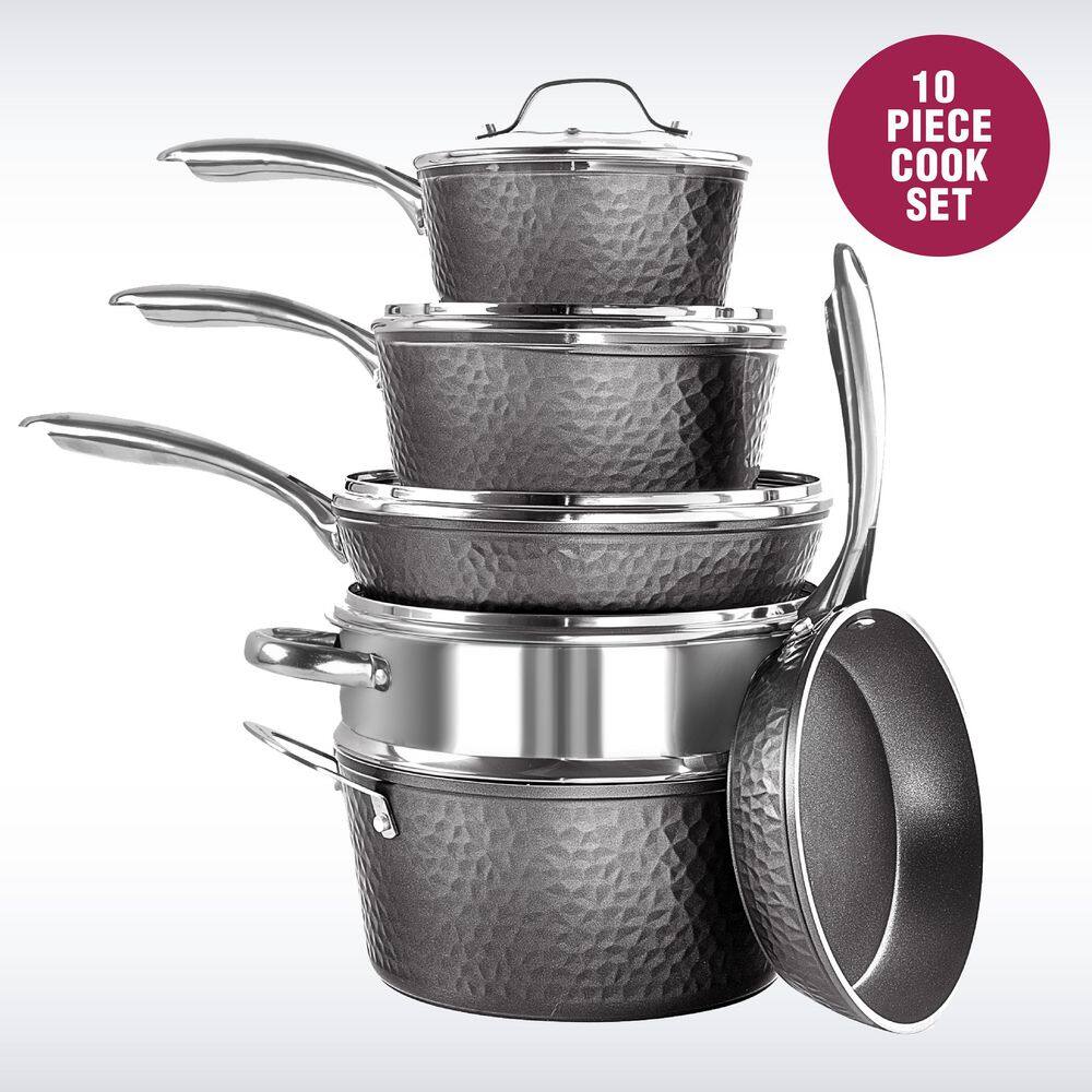 Black Hammered Aluminum Nonstick 10-Piece Cookware Set