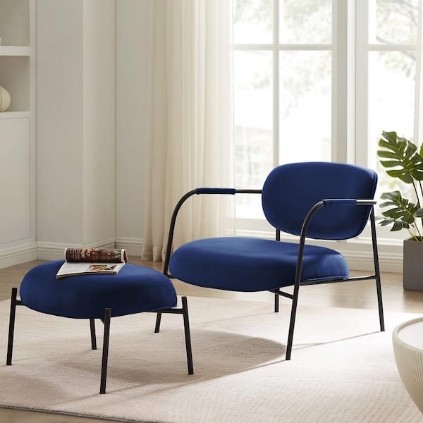 MINIMORE Hellen Darkblue Velvet Upholstery Accent Chair with Foot Stool
