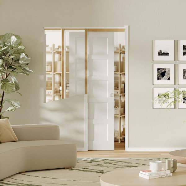 TENONER 32 in. x 80 in. 5-Panel White Primed Pine Wood Sliding