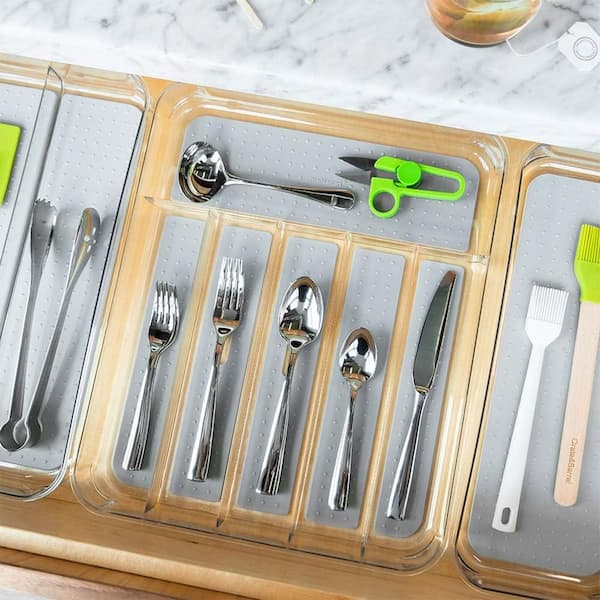 Light Gray Cutlery Drawer Organizer, Silverware Tray Clear Soft Grip, 6-Compartment, Non-Slip Feet BPA-Free