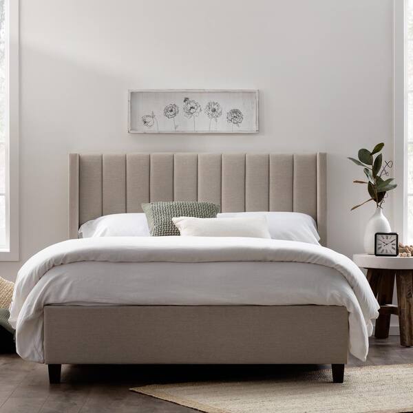 Oat Upholstered Full Platform Bed Frame, Light Brown Headboard Bedroom Ideas