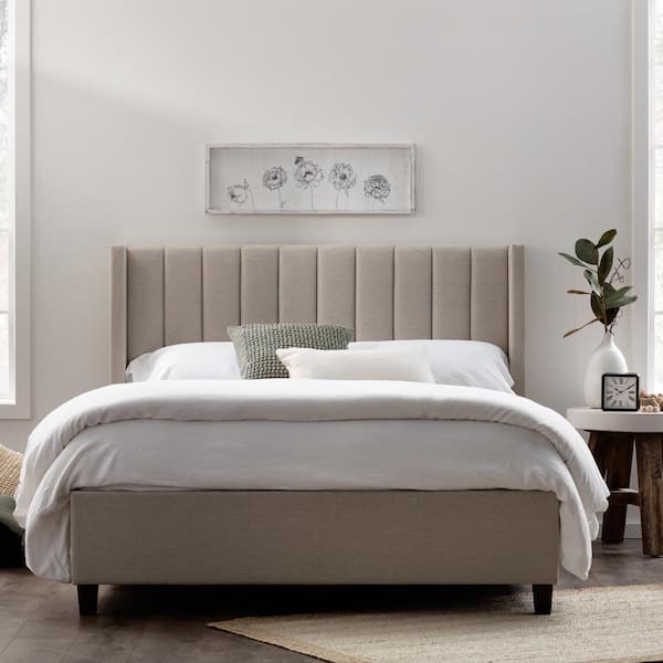 Brookside Adele Light Brown Oat, Knap Queen Bed With Tufted Wing Headboard