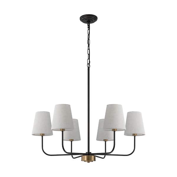 6-Light Farmhouse Chandelier with Fabric Shades, Adjustable Chain, Black and Gold Pendant Light for Kitchen Island