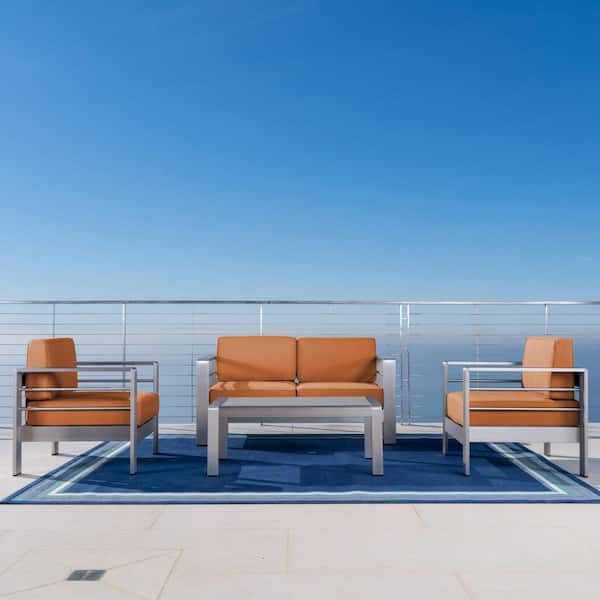 Noble House 4-Piece Metal Patio Conversation Set with Sunbrella Canvas Rust Cushions