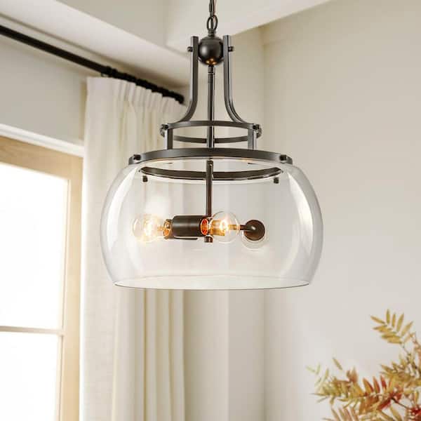 Orvia 16 in. 3-Light Matte Black Pendant with Clear Glass Shade