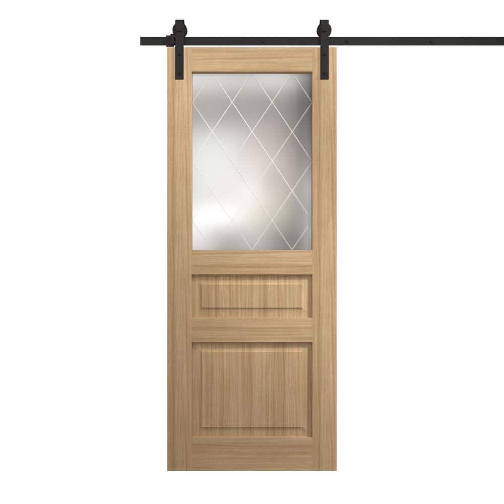 Assembly Required 30 in. x 80 in. Frosted Glass Natural Oak Solid Wood Single Barn Door Slab With Hardware price history on PriceWatchPro