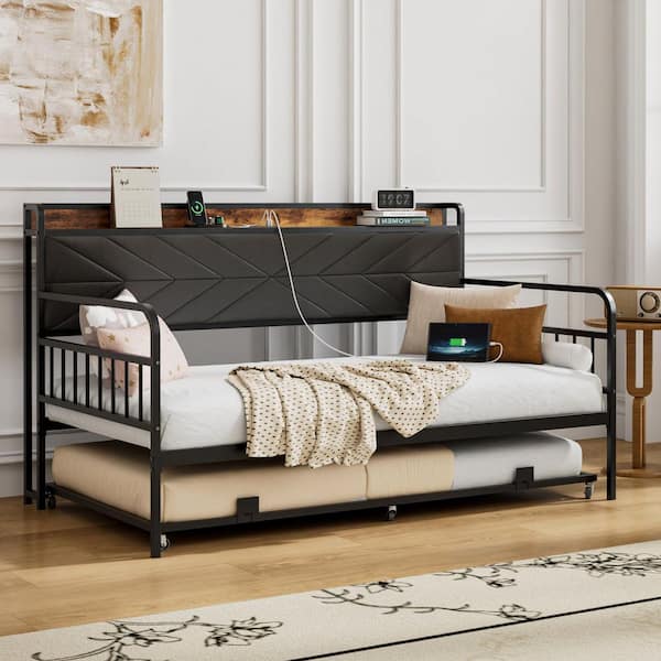Twin Daybed with Trundle and USB Ports, Black Metal Frame Sofa Daybed with Headboard Shelf, Rustic Design for Guest Room