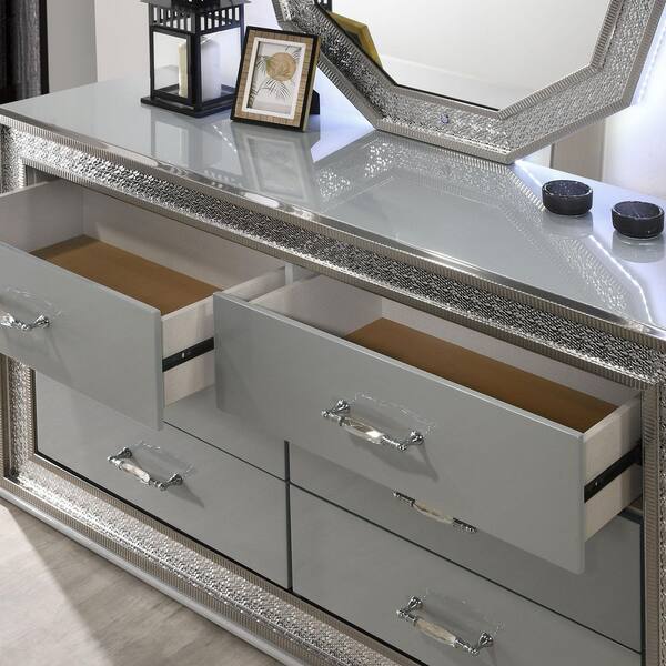 Curton Metallic Gray 6-Drawer 59 in. Dresser with Metallic Scale Molding Trim Curton Metallic Gray 6-Drawer 59 in. Dresser with Metallic Scale Molding Trim