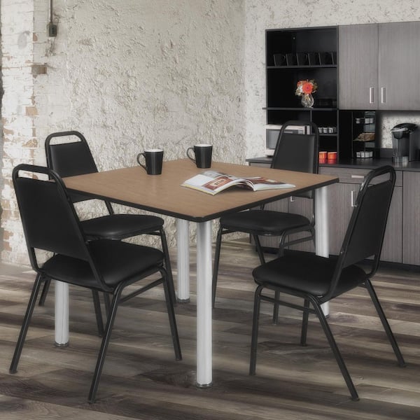 Kee 42 in. Noble Oak Square Breakroom Table Desk and 4 Restaurant Stack Chairs-Black