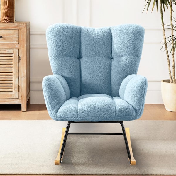 Unbranded Metal and Teddy Fabric Outdoor Rocking Chair with Blue Cushion, Modern Rocking Accent Chair