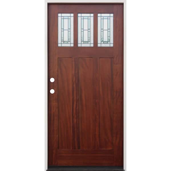 Pacific Entries 36 in. x 80 in. Pecan Right-Hand Inswing 3-Lite Glass Stained Mahogany Prehung Front Door w/ 6-9/16 in. Jamb - FSC 100%