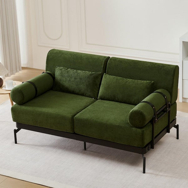 Dirk 59 in. Pillow Top Arm Chenille Upholstered Rectangle Sofa in. Green with USB Ports, Adjustable Straps