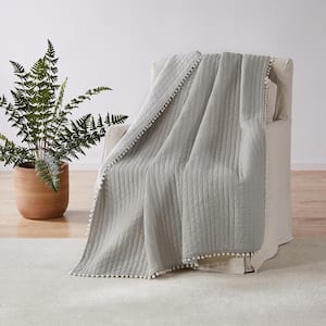 Pom Pom Taupe Quilted Cotton Throw Blanket