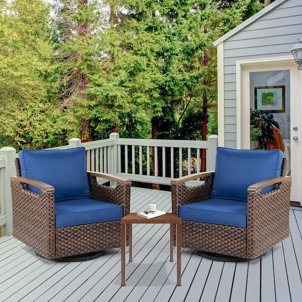 Nyajiah 3-Piece Wicker Patio Conversation Set with Blue Cushions