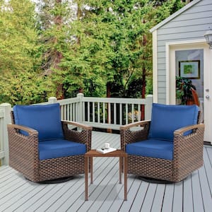 Nyajiah 3-Piece Wicker Patio Conversation Set with Blue Cushions