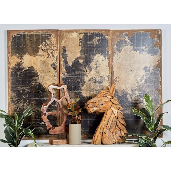 Wood Black World Map Wall Decor (Set of 3)