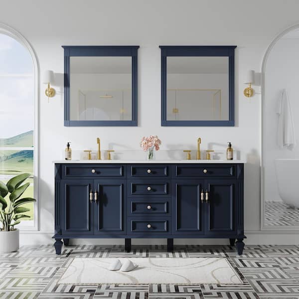 ANGELES HOME 72 in.W x 22 in.D x 35 in.H Double Sink Solid Wood Bath Vanity in Navy Blue w/ White Stain-Resistant Quartz Top,2 Mirror