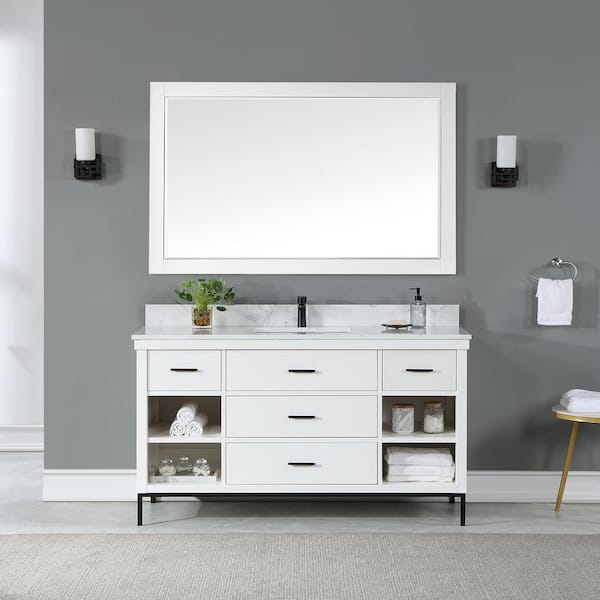 Altair Maribella 57.2 in. W x 36 in. H Rectangular Wood Framed Wall Bathroom Vanity Mirror in White