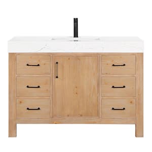 León 48 in.W x 22 in.D x 34 in.H Single Sink Bath Vanity in Fir Wood Brown with White Composite Stone Top