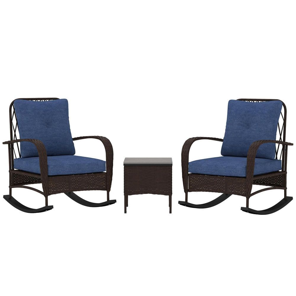 Brown 3-Piece Wicker Square Outdoor Bistro Set with Dark Blue Cushions