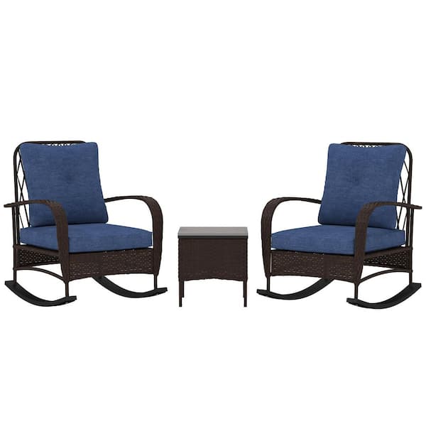 Outsunny Brown 3-Piece Wicker Square Outdoor Bistro Set with Dark Blue Cushions