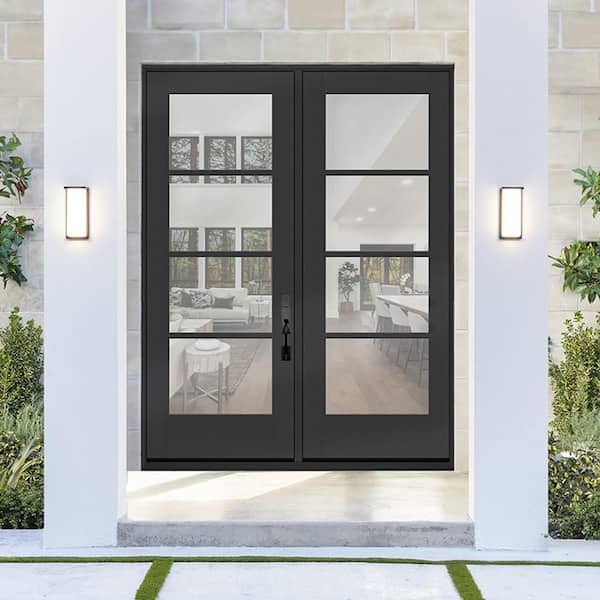 Legacy 72 in. x 96 in. Icon 4-Lite Modern Clear Glass Black LHIS Fiberglass Double Prehung Front Door with 4-9/16 Jamb