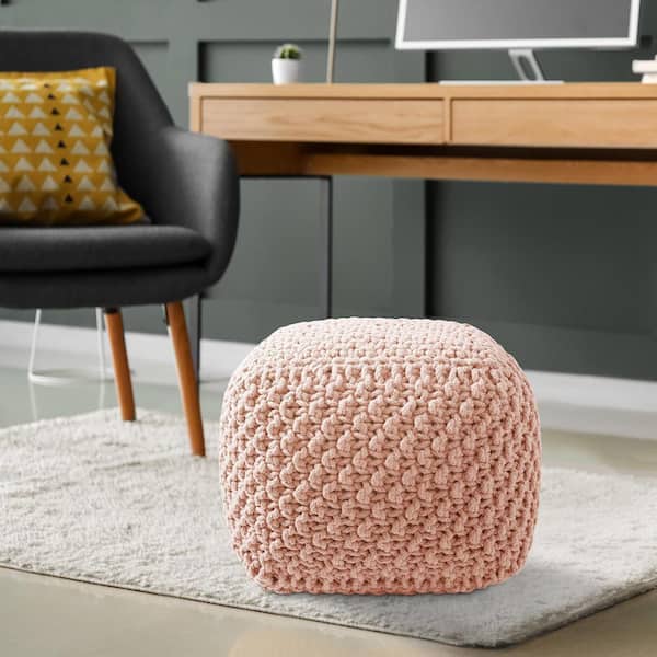 Casafield Light Pink Knit Cotton Square 18.5 in. x 18.5 in. x 14.5 in. Pouf Foot Stool PCS-33-LTPNK