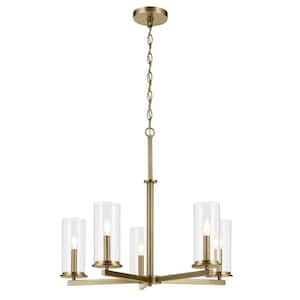 Crosby 26.25 in. 5-Light Natural Brass Contemporary Candlestick Cylinder Chandelier for Dining Room