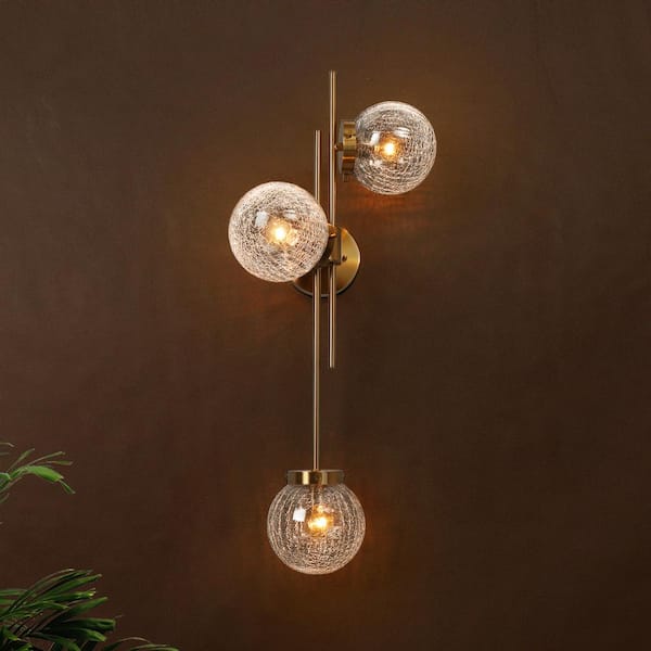 LNC Modern 30 in. H Brass 3-Light Vanity Light Linear Vertical or Horizontal Wall Sconce with Globe Cracked Glass Shades