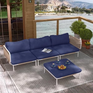 4 Piece Metal Outdoor Sectional Sofa with Navy Blue Cushions 8-Armrest