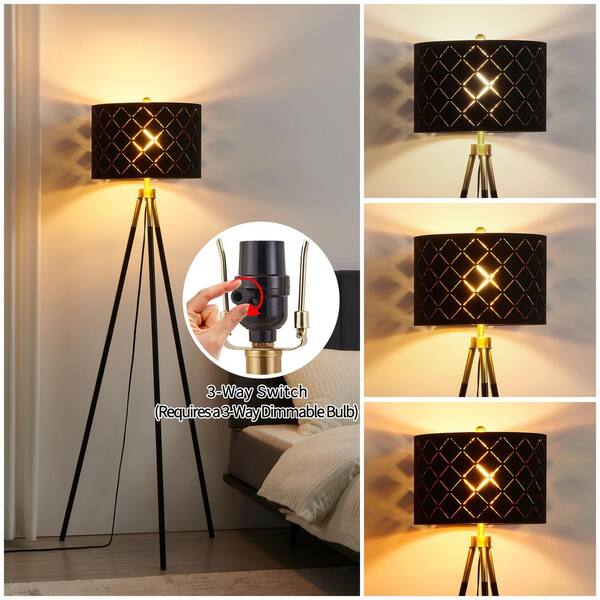 KAWOTI 62 in. Black and Brushed Gold Modern 1-Light Tripod Floor