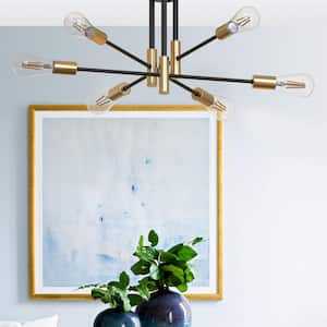 32.7 in. 6-Light Black Unique Modern Sputnik Semi-Flush Mount with Aged Brass Socket Cups