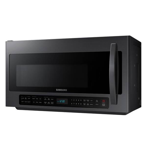 Samsung 2 1 Cu Ft Over The Range Microwave With Sensor Cook In Black Stainless Steel Me21r7051sg Home Depot Samsung 2 1 Cu Ft Over The Range
