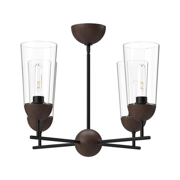 Emil 25 in. 4-Light 60-Watt Matte Black/Walnut Chandelier