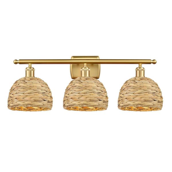 Woven Rattan 28 in. 3-Light Satin Gold Vanity Light with Rattan Shade