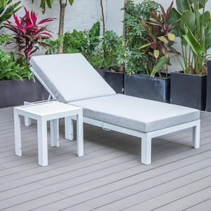 Chelsea Modern White Aluminum Outdoor Patio Chaise Lounge Chair with Side Table and Light Grey Cushions