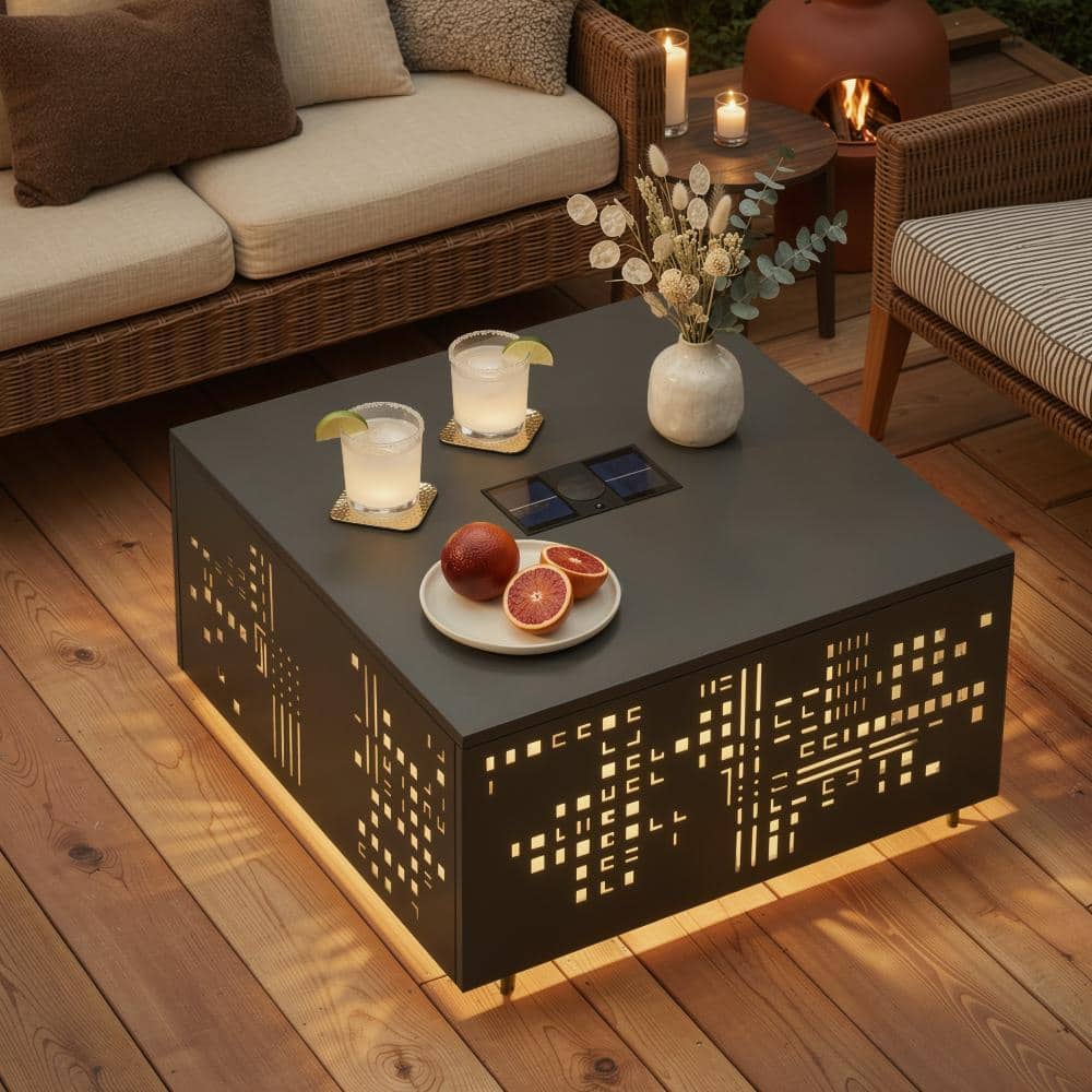 "Kenridge 27"" Square Metal Outdoor Patio Coffee Table with Umbrella Hole and LED Lights in Black" price history on PriceWatchPro