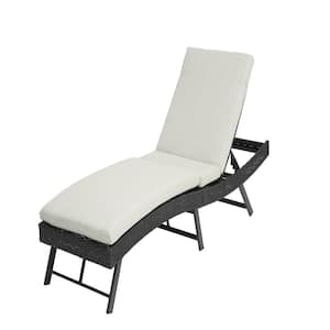Patio Folding Rattan Outdoor Lounge Chair Adjustable Backrest with Beige Cushion