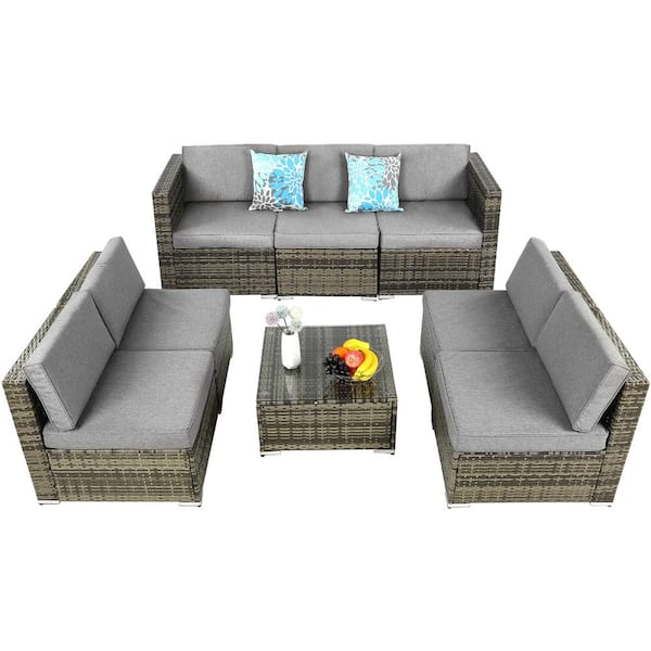 DEXTRUS Brown 8-Piece Wicker Outdoor Sectional Set with Gray Cushions