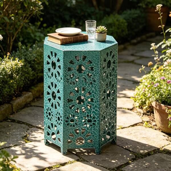 Modern 12 in. Iron Hexagon Outdoor Side Table, Teal Floral Cutout