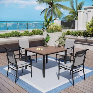 Black 5-Piece Metal Outdoor Patio Dining Set With Wood-Look Square Table and Gourd-Shaped Design Textilene Chairs