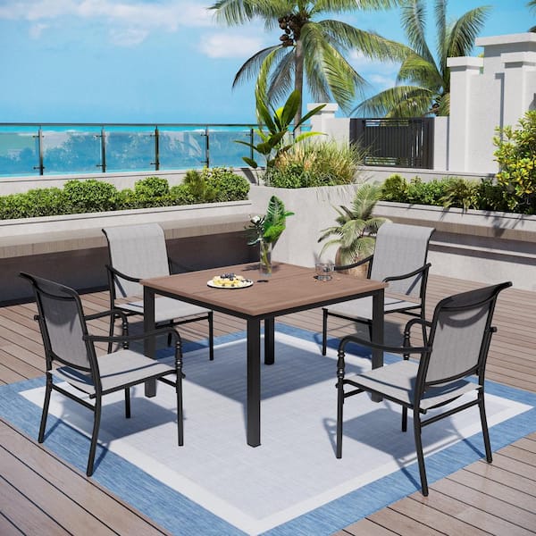 PHI VILLA Black 5-Piece Metal Outdoor Patio Dining Set With Wood-Look Square Table and Gourd-Shaped Design Textilene Chairs