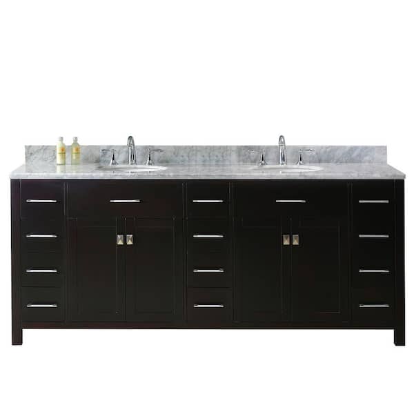 Virtu USA Caroline Parkway 79 in. W Bath Vanity in Espresso with Marble Vanity Top in White with Round Basin
