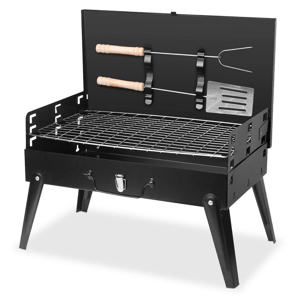 ITOPFOX Portable Charcoal Grill In Black With BBQ Net Fork Spatula ...